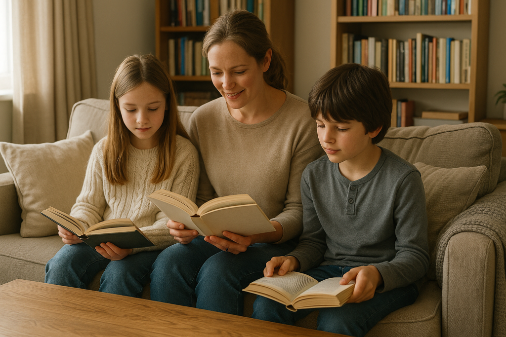 reading Parent and child reading together at home, part of home education reading UK family life.