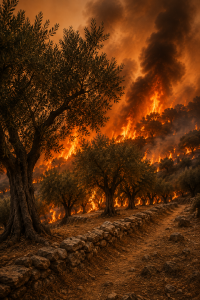mediterranean-olive-grove-wildfire Wildfire burning through a Mediterranean olive grove