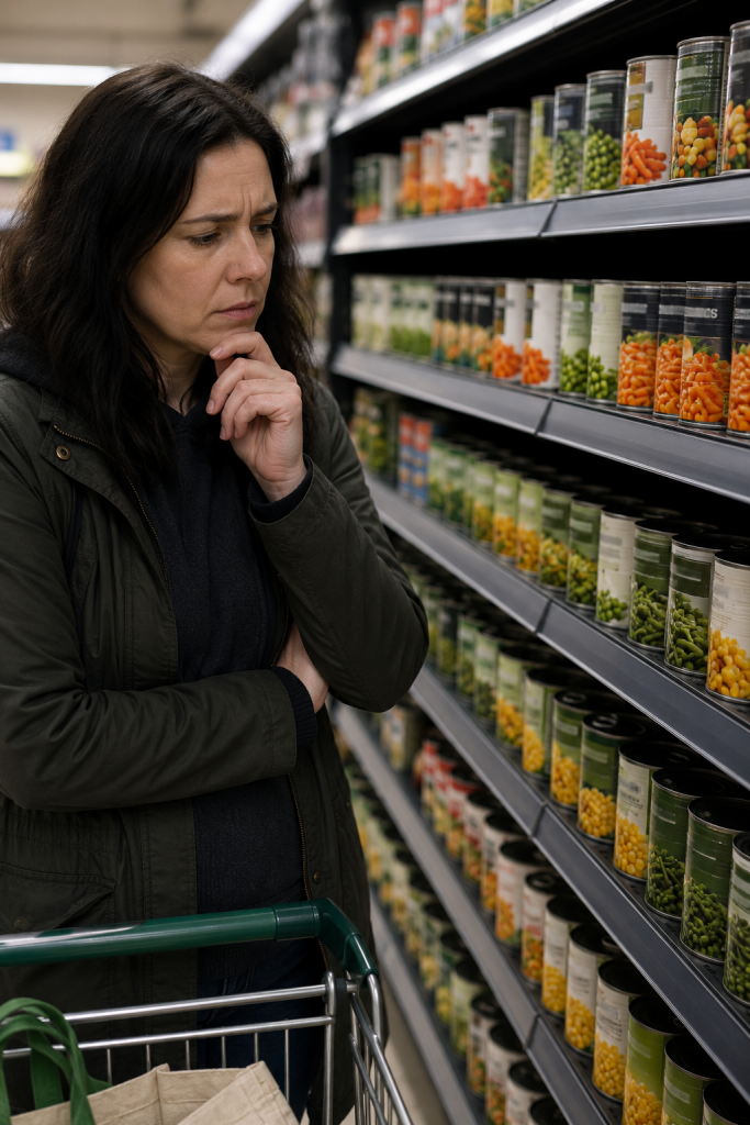 uk-food-prices-supermarket-tinned-food Woman looking at tinned vegetables in a UK supermarket
